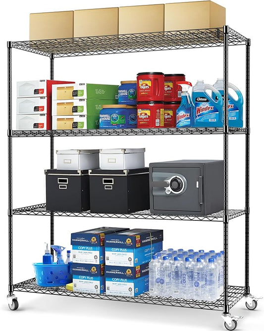 Rengue 4-Tier Wire Shelving with Wheels, 60"x 24"x72" Metal Storage Shelves, Heavy Duty Garage Storage Shelves, Chrome 2400LBS Capacity Wire Shelf Rack for Restaurant, Garage, Pantry, Black