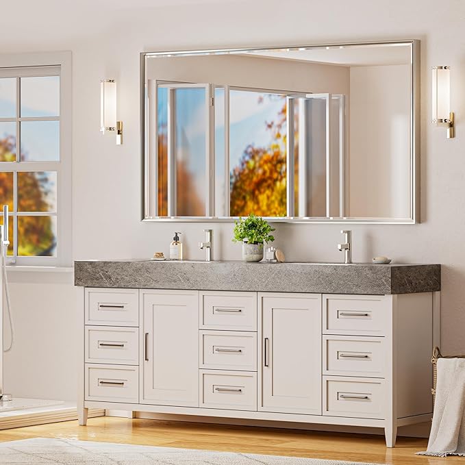 60 x 36 Brushed Nickel Bathroom Mirror, Beveled Framed Rectangle With Anti-Rust Frame, Shatterproof, Vertical/Horizontal Wall-Mounted