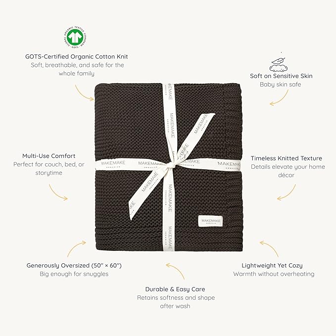 MakeMake Organics Organic Throw Blanket GOTS Certified Organic Cotton Blanket Knit Couch Bed Fall Colors Soft Neutral Cotton Throw Blanket Large (50x60, Charcoal Grey)