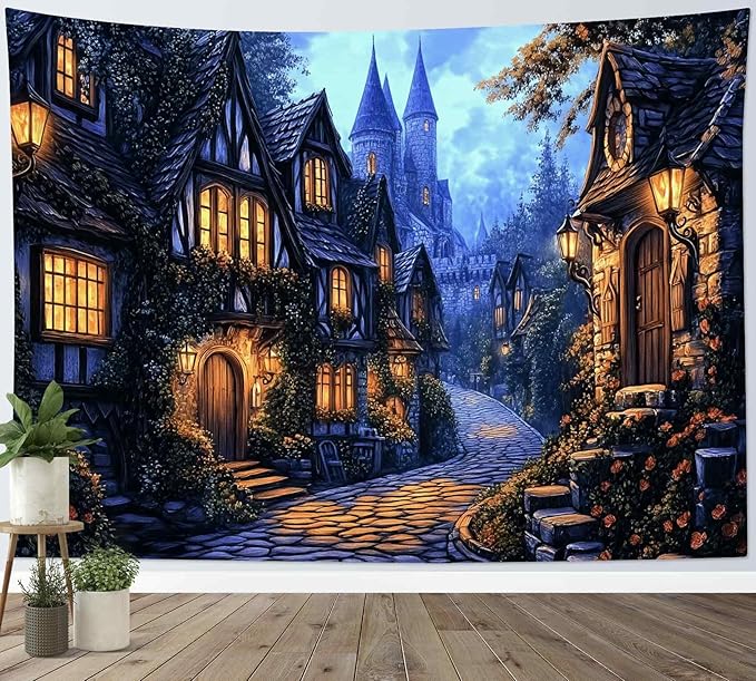 LB Vintage Castle Tapestry, Night Street Old House and Green Tree Wall Tapestry for Bedroom Aesthetic, Village Gothic Wall Art for Living Room Dorm Home Decor Ready to Hanging, 48 x 36 Inches