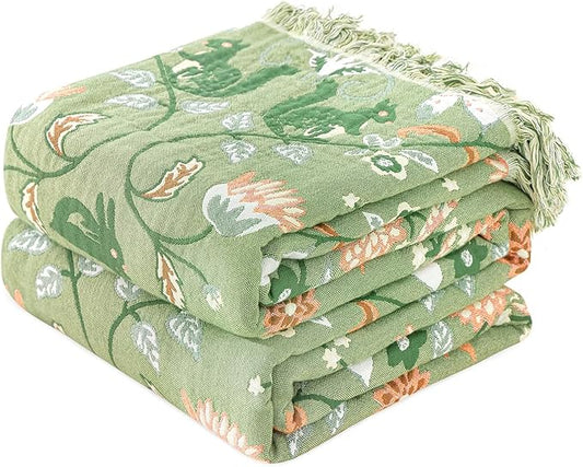 MSGKV Cotton Bed Blanket for Couch and Sofa Blankets for Living Room Bedroom Reversable Florals and Animals Throw 90"x98" Breathable Cozy Boho Blankets