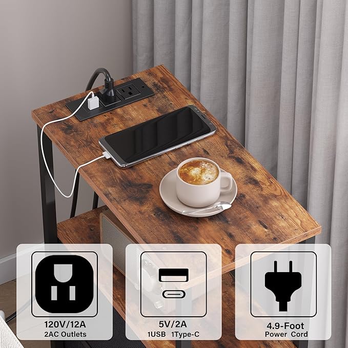 TUTOTAK Small Narrow LED End Table with Charging Station, Side Table Outlets, Nightstand with 2 Cloth Drawers, Couch Table, for Living Room, Bedroom, Bedside, Brown TB01BB085L