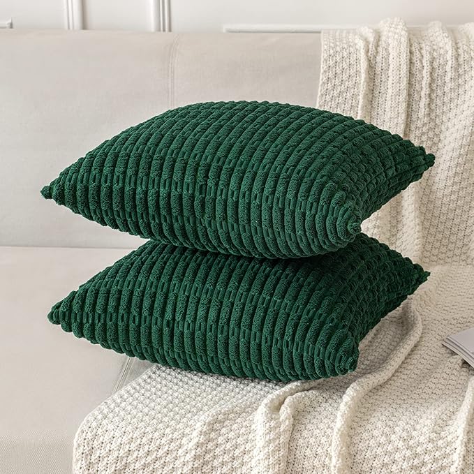 MIULEE Pack of 2 Christmas Dark Green Corduroy Decorative Pillow Covers 20x20 Inch Soft Boho Striped Throw Pillow Covers Modern Farmhouse Home Decor for Sofa Living Room Couch Bed