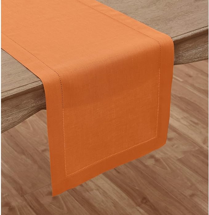 Solino Home Linen Hemstitch Table Runner 108 Inches Long - 100% Pure Linen Pumpkin Table Runner 14 x 108 Inch for Fall, Autumn, Halloween, Thanksgiving - Classic Hemstitch
