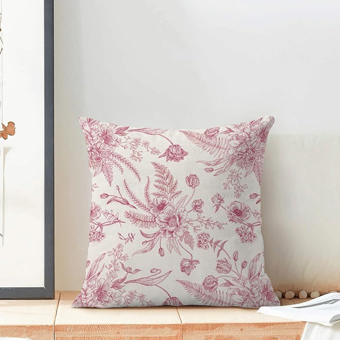 CXMEIFLY Hot Pink Spring Pillow Covers 18 x 18 Inch Set of 2 for Chinoiserie Flowers Decor Throw Pillows Floral Leaves Seasonal Plant Outdoor Decorative Cushion Cases for Couch Bed Decorations