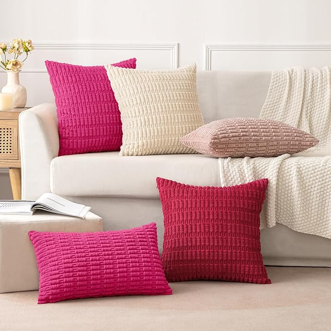 MIULEE Pack of 2 Corduroy Decorative Throw Pillow Covers 18x18 Inch Soft Boho Striped Pillow Covers Modern Farmhouse Home Decor for Sofa Living Room Couch Bed Hot Pink