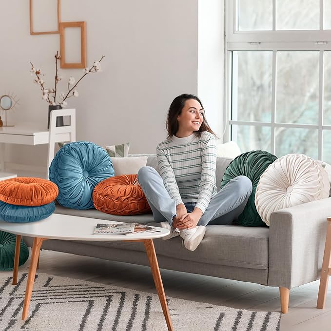 2 Pcs Round Throw Pillows Pleated Velvet Pumpkin Round Pillows Floor Cushion for Living Room Couch Chair Bed Sofa 15.7"x15.7"/13.8" x 13.8"