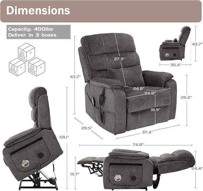 Power Lift Recliner Chair for Adults Elderly Chenille Lay Flat Recliners with Massage Heat, Extended Footrest, Wireless Charging Device, USB Ports, Cup Holder, Lumbar Pillow Up to 400LBS