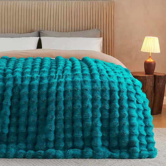 Lotus Karen Faux Fur Throw Blanket Teal - Big Bubble Rabbit Fluff Blanket for Couch Bed Sofa,Softest Fluffy Fuzzy Cozy Blanket,Thick Furry Plush Shaggy Warm Blankets for Women,108x90 Inches