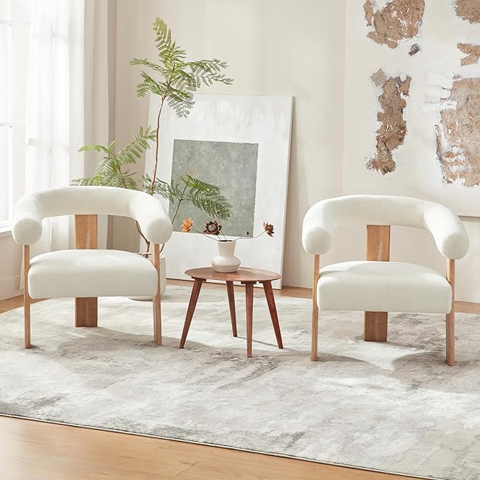 VKNOW Accent Chairs Set of 2, Modern Upholstered Living Room Chair Armchair with Solid Wood Legs, Comfy Barrel Arm Chairs for Living Room Bedroom, Cream