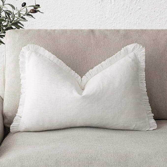 Foindtower Decorative Linen Fringe Throw Pillow Covers Cozy Boho Farmhouse Cushion Cover with Tassels Soft Accent Pillowcase for Chair Sofa Bed Living Room Home Decor, 12×24 Inch, 1PC, Cream White