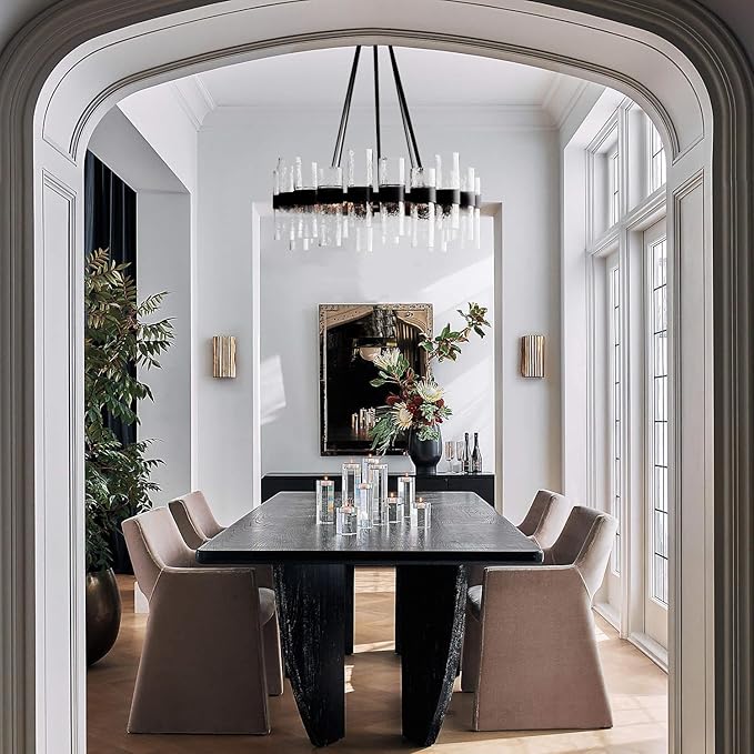 Round Black Glass Wagon Wheel Chandelier, Chandelier with Water Ripple Textured Recycled Clear Glass Piece, Modern Industrial Pendant Light with Metal Frame, Lighting Fixture for Living Room, Foyer