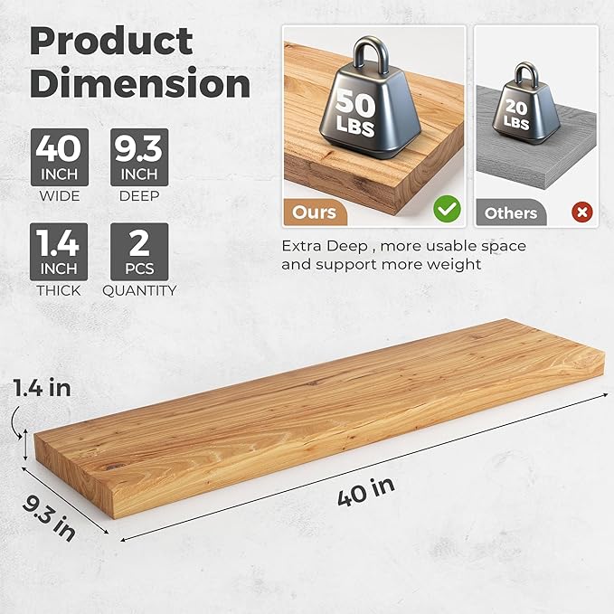 RICHFOCUS Elm Floating Shelves for Wall - 40" W x 9.3" D Rustic Solid Wood Shelves with Invisible Bracket, Wall-Mounted for Living Room, Bedroom, Kitchen Storage & Display, Set of 2, Natural