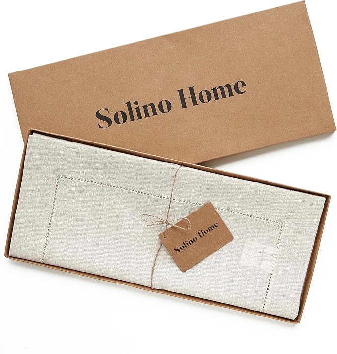 Solino Home Linen Light Natural Table Runner 72 Inches Long - 100% Pure Linen Hemstitch Table Runner 14 x 72 Inch for Dresser, Dining, Fall, Autumn, Halloween, Thanksgiving - Classic Hemstitch