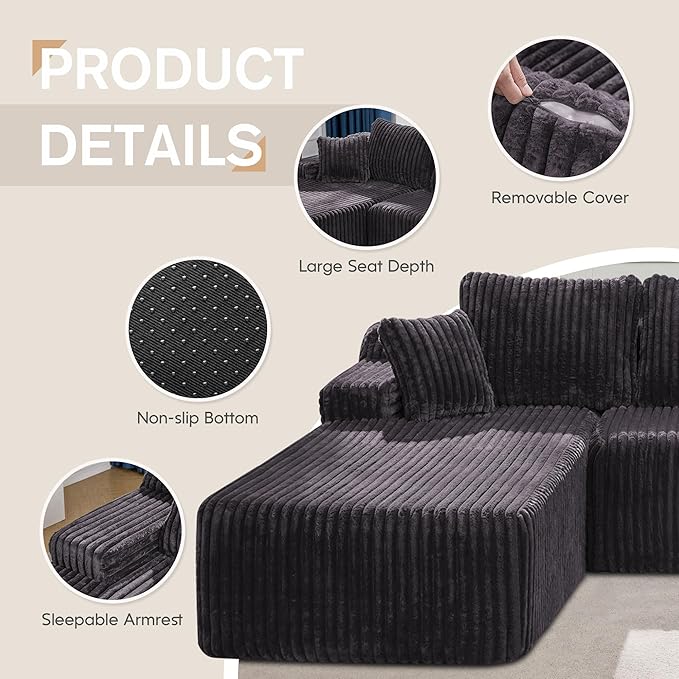 Hobestluk Modular Sectional Sofa Couches 108" L-Shape Couch 3 Seat Modular Sofa Memory Foam Sectional Couches for Living Room, Boneless Couch with Oversized Chaise (Grey, Left Facing)