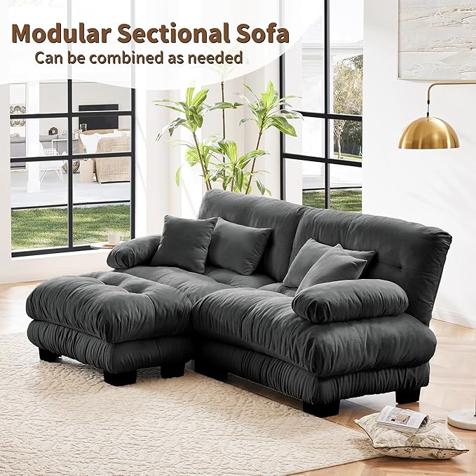 Loveseat Modular Sectional Sofa, L Shaped Couch with Ottoman, Cloud Couch Sectional Couch Home Sofa Living Room Oversized Couch Deep Seat Couch with Round Bolster Armrests 4 Pillows(Gray)
