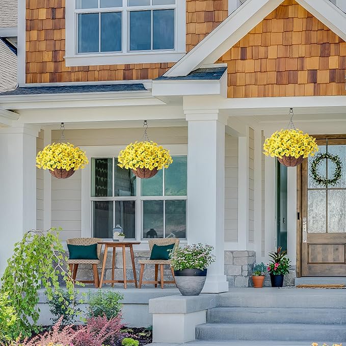 Artificial Fall Flowers Fake Hanging Plants Flowers Basket for Outdoors Autumn Decoration, Yellow Silk Morning Glory with Eucalyptus Look Real UV Resistant Faux Flowers for Outside Porch Patio Balcony