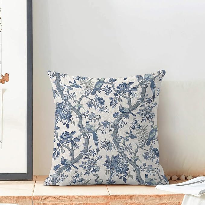 CXMEIFLY Spring Pillow Covers 18 x 18 Inch Set of 2 for Navy Blue Chinoiserie Flowers Bird Decor Throw Pillows Vintage Floral Plant Outdoor Decorative Cushion Cases for Couch Bed Decorations