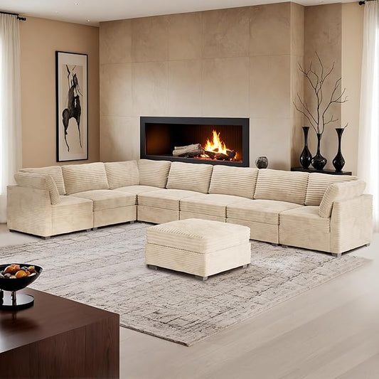 HOOOWOOO Modular Sectional Sofa,8 Pieces Sectional Couches for Living Room,164X66 L Shaped Cloud Couch with Ottoman Chaise Set(Beige Velvet Corduroy)