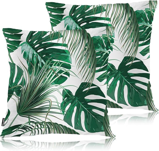 Swono Outdoor Pillow Covers Palm Leaves, Tropical Palm Leaf Home Decorative Throw Pillow Case Cushion Cover for Men/Woman/Bed/Sofa/Office/Car, 18x18 Inch, 2Pcs Pillow Covers, Green Palm