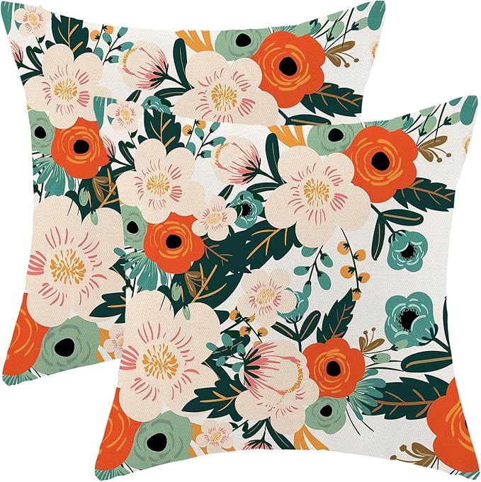 CXMEIFLY Spring Pillow Covers 16 x 16 Inch Set of 2 for Watercolor Flowers Decor Throw Pillows Pink Red Green Plant Floral Outdoor Decorative Cushion Cases for Couch Bed Decorations