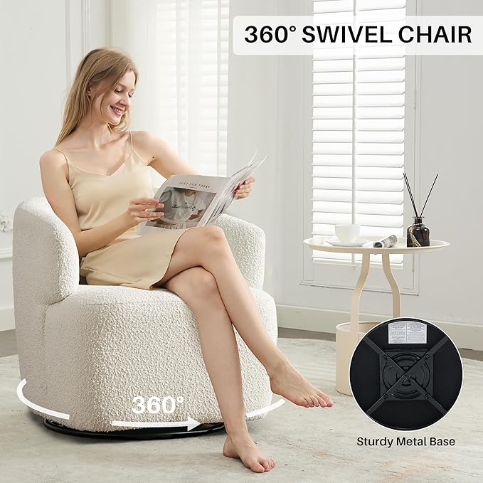 Swivel Accent Chair, Sherpa Teddy Barrel Chair for Living Room, Cozy Round Boucle Arm Chair, Metal Base for Club Nursery Bedroom, White