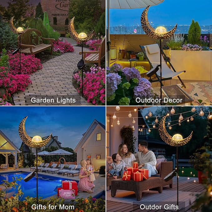 2Pack Moon Garden Solar Lights Outdoor Stakes Waterproof, Gifts for Mom, Crackle Glass Patio, Backyard Decorations, Balcony Lawn Ornaments, for Women Men Grandma (Bronze)