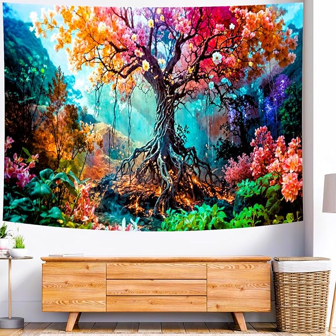 Delur Forest Tapestry Tree of Life Fantasy Tropical Rainforest Tapestry Wall Hanging Colorful Nature Mystical Landscape Psychedelic Spiritual Headboard for Bedroom Living Room Home Decor (70.8" x 92.5")