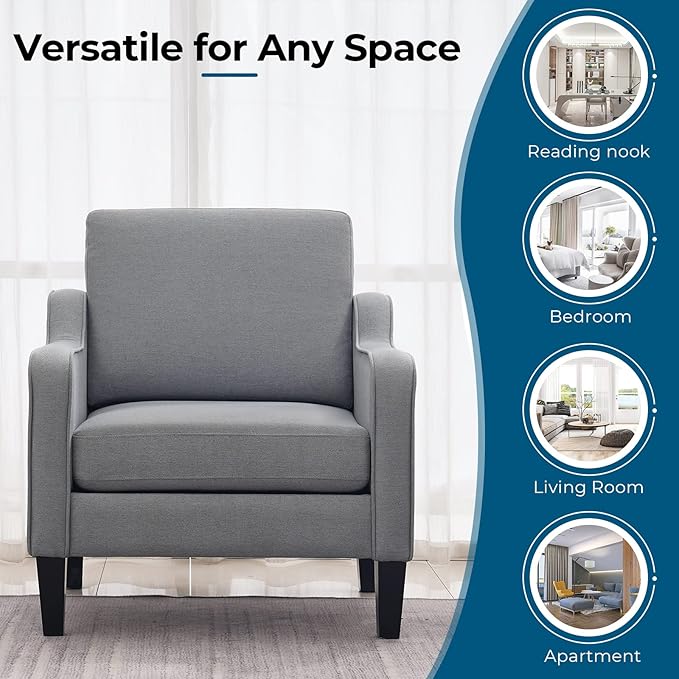 VINGLI Modern Accent Chairs Set of 2, Grey Living Room Chairs Comfy Armchair for Bedroom, Upholstered Sofa Chair Reading Chair for Small Spaces, Apartment, Waiting Room