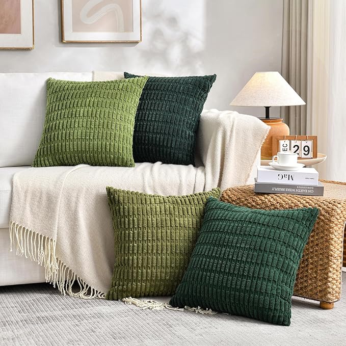 Fancy Homi 4 Packs Hunter Green Decorative Throw Pillow Covers 18x18 Inch for Couch Bed Sofa, Forest Green Boho Home Decor, Soft Plush Corduroy Cute Emerald Green Square Cushion Case 45x45 cm