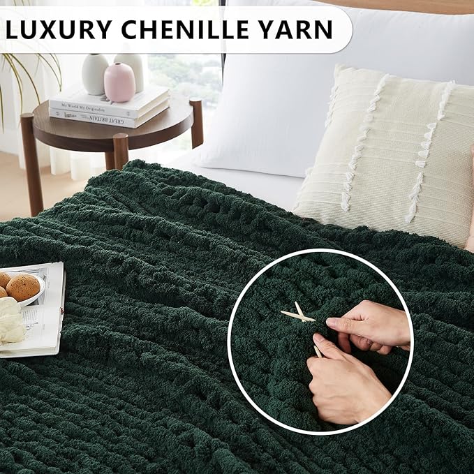 L'AGRATY Chunky Knit Blanket Throw - Soft Chunky Throw Blanket 60x80: 100% Hand Kintted Chenile Crochet Throw Blanket for Couch - Large Cable Knit Chunky Blanket for Home Decor(Olive Green)