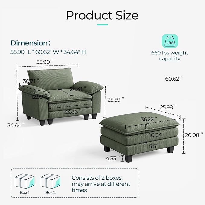LINSY HOME Sofa Chair with Movable Ottoman - Corduroy Cloud Couch Chair Soft Comfy Modern Sofa Chaise Single Sleeper Chair Bed for Living Room Apartment Office, Green
