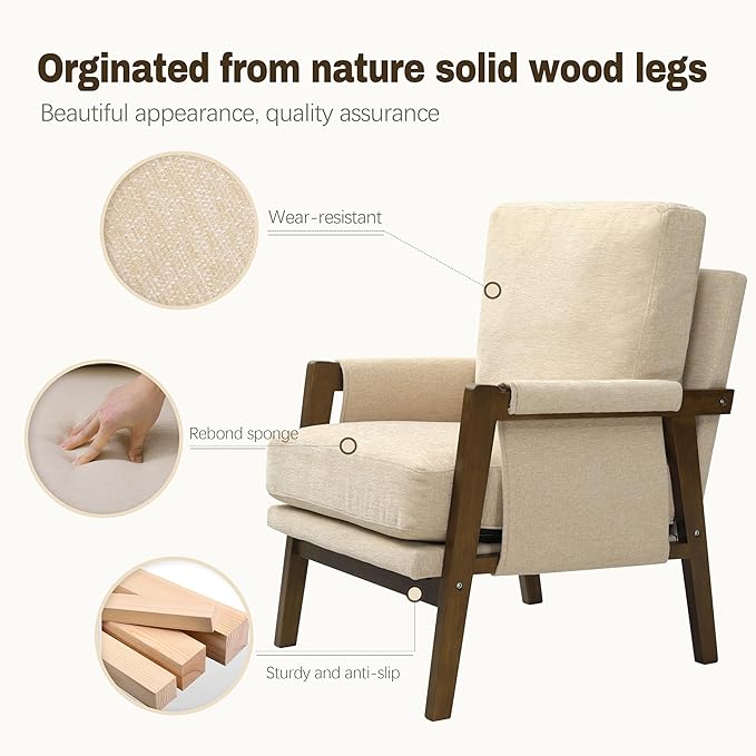 Modern Accent Chairs Set of 2 for Living Room Mid Century Arm Chairs Upholstered Bedroom Chairs Comfy Lounge Chairs with Solid Wood Frame, Beige