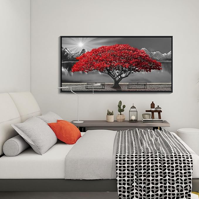 Framed Black and White Red Tree Wall Art Canvas Print Picture Large Red Tree Landscape Modern Artwork for Living Room Bedroom Office Home Wall Decor With 24X48inch