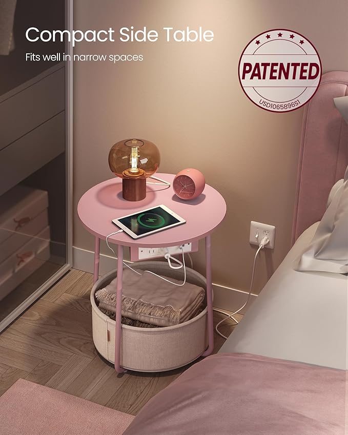 VASAGLE Side Table with Charging Station, Round End Table with Fabric Basket, Nightstand with Power Outlets, USB Ports, for Living Room, Bedroom, Modern, Jelly Pink and Cream White ULET228R01