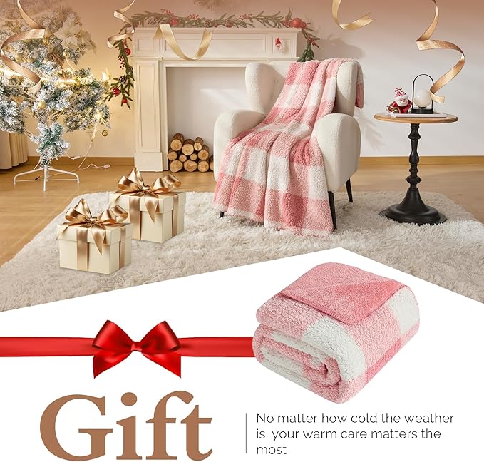 LURKA Checkered Sherpa Fleece Throw Blanket - Extra Thick and Warm Winter Soft Fuzzy Plush Blanket for Couches, Beds & Pets, Powder Pink, 50x60 Inches