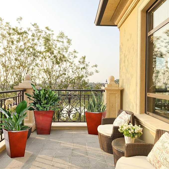 KOL 18''H. Bright Glazed Planter with Drainage Hole, Set of 2, Galvanized Steel Planter Pots for Indoor & Outdoor Use, Decorative Flower Plant Pots for Front Porch, Patio, Deck - Reddish Brown