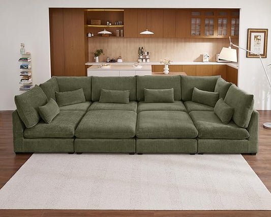 Oversized Modular Sofa, Extra Deep Cloud Corduroy Sectional Couch with Ottoman Chaise, Fluffy Chenille L-Shaped Sofas for Living Room, Villa (Sofa Bed 8 Seater, Chenille Green)