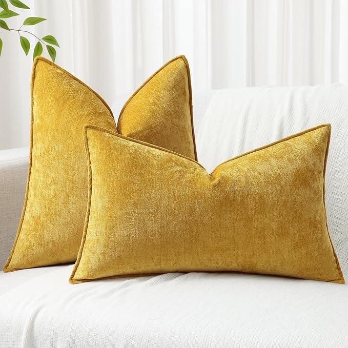 decorUhome Couch Throw Pillow Covers 26x26 Set of 2, Decorative Soft Euro Neutral Chenille Pillow Covers with Elegant Design for Sofa Bed Living Room Home Decor, Mineral Yellow