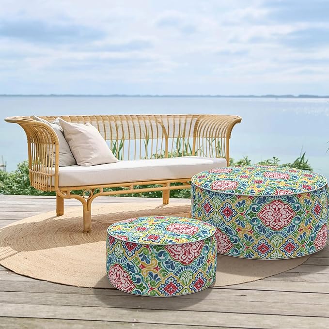 Inflatable Ottoman Stool D31 xH14 for Outdoor/Indoor Use, Water Repellent Patio Foot Rest Stool with Portable Handle,Round Pouf Ottoman Suitable for Garden,Deck and Camping - Damask Red