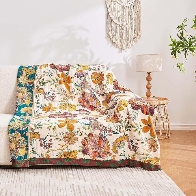 Boho Throw Blanket, 100% Cotton Ultra Soft Luxury Throw Rustic Quilt, 90"x98" Floral Printed Farmhouse Decor Bed Summer Blankets, All Season Rustic Reversible Bohemian Throw for Bed - White