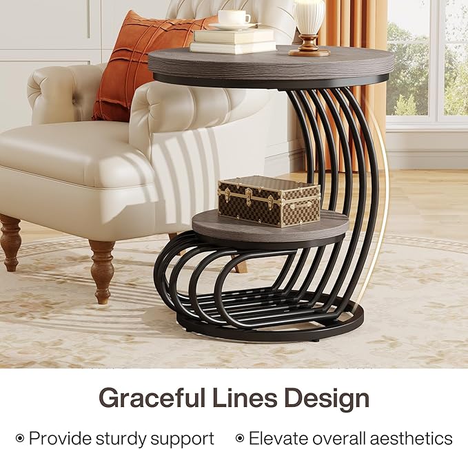 Tribesigns Round End Table: 2 Tiers Wood Side Table Set of 2 with Storage Shelf, Rustic Gray Bedside Nightstand, Accent Table for Living Room, Bedroom