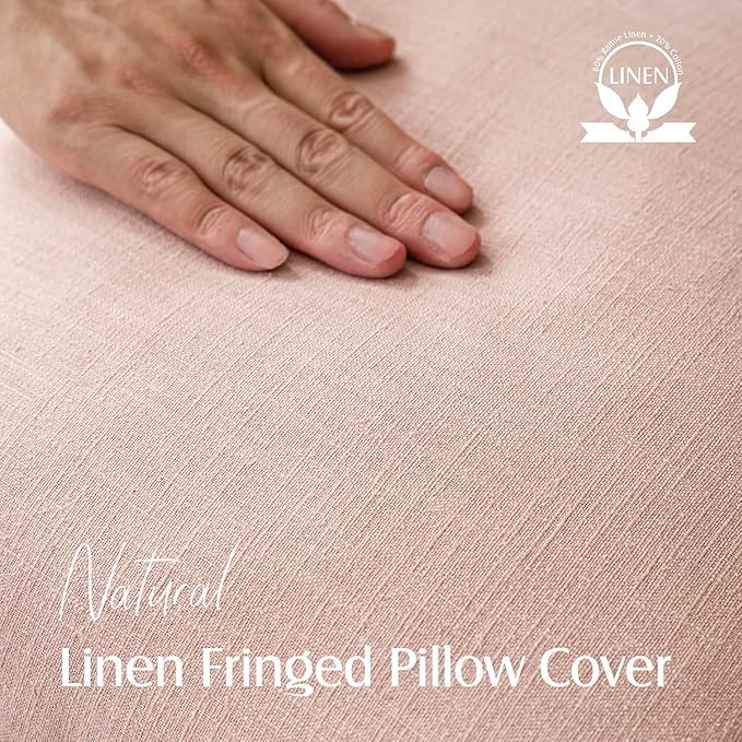 Foindtower Decorative Linen Fringe Throw Pillow Covers Cozy Boho Farmhouse Cushion Cover with Tassels Soft Accent Pillowcase for Chair Sofa Bed Living Room Home Decor, 24×24 Inch, 1PC,Light Pink