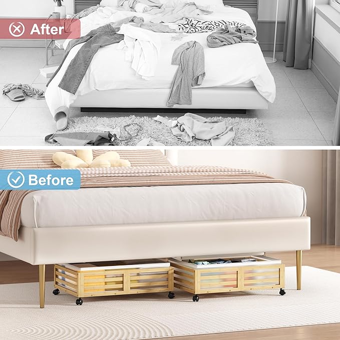 Under Bed Storage with Wheels-Large Bamboo Underbed storage Containers with Large Dust Bag Stackable Under the Bed Shoe Storage Bins for Clothes Books Bedding (2 Packs Nature, 23.62"L×16.54"W× 6.51"H)