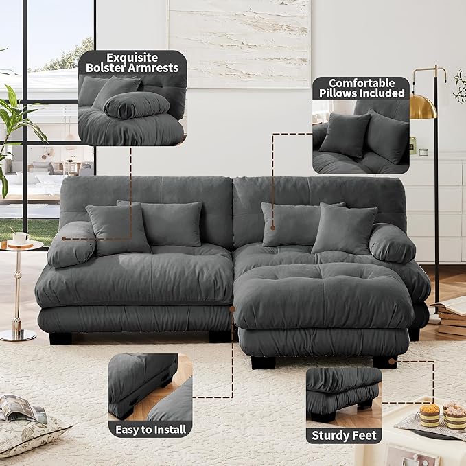Loveseat Modular Sectional Sofa, L Shaped Couch with Ottoman, Cloud Couch Sectional Couch Home Sofa Living Room Oversized Couch Deep Seat Couch with Round Bolster Armrests 4 Pillows(Gray)