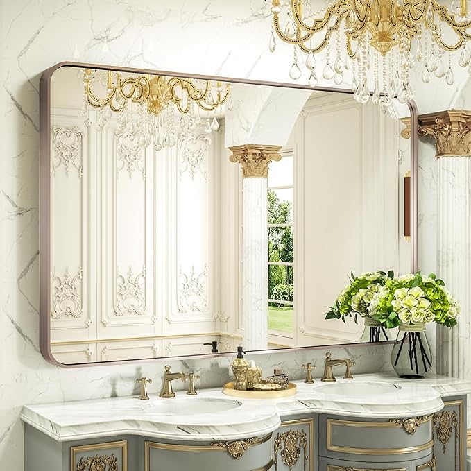 55 x 36 Inch Metal Framed Bathroom Mirror for Wall, Purple Gold Bathroom Vanity Mirror with Ribbed Texture Frame Modern Minimalist Large Rectangle Wall Mounted Mirror (Horizontal/Vertical)