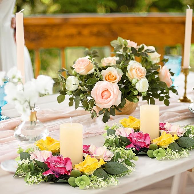 6 Pcs Artificial Rose Wreaths for Kitchen Cabinet Mini Floral Wreath Colourful Roses Hanging Wreaths for Pillar Front Door Porch Wall Window Farmhouse Decoration