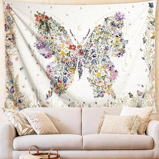 Damanse Butterfly Tapestry Wall Hanging Cute,Boho Wall Tapestry for Bedroom Aesthetic,Flower Living Room Decor for Teen Girls (White, 49.20" x 59.10")