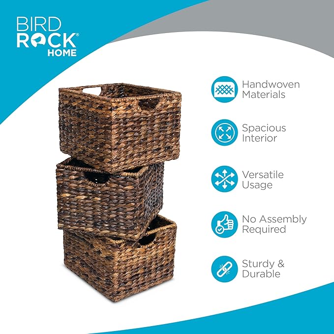 BIRDROCK HOME Woven Storage Shelf Organizer Baskets with Handles - Set of 3 - Abaca Wicker Basket - Pantry Living Room Office Bathroom Shelves Organization - Under Shelf Basket - Handwoven (Espresso)