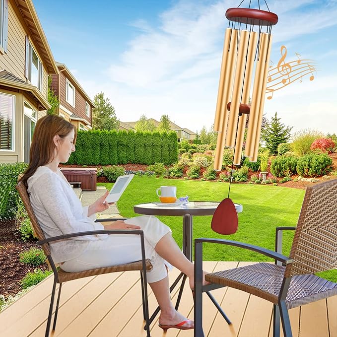 Large Aluminium Wind Chimes Outside, Soothing Melodic Memorial Sympathy Wind Chime, Suitable Outdoor Garden Decor, Gift for Mom Women Neighbors (Gold Wind Chimes-36)
